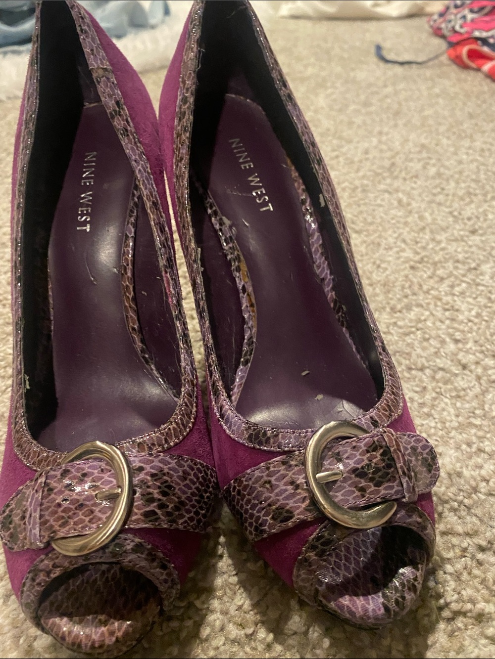 Nine West Purple Suede Peep-Toe Pumps with Snakeskin Accent and Gold Buckle